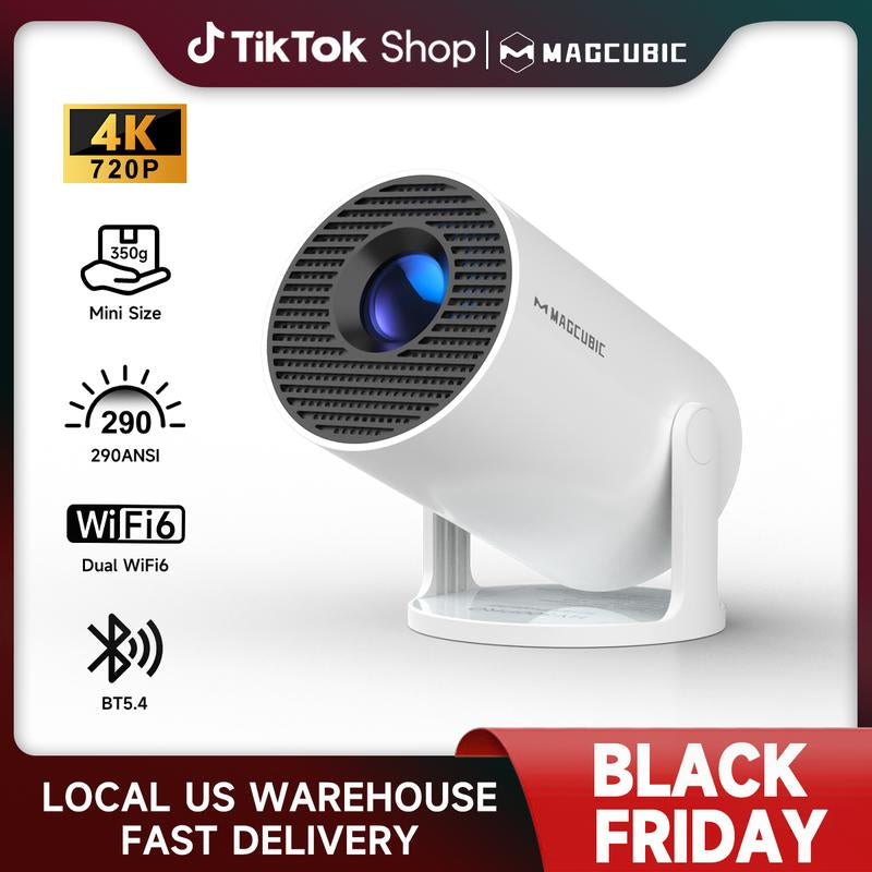 [US Warehouse] Magcubic Hy300Pro Projector 290ANSI Dual Wifi6 4K 1080P Decode Auto Keystone Correction Wireless BT5.4 130"Screen 1280*720P Android 11 Built-In Speaker Allwinner H713 180° Rotatable Mini Portable Home Cinema Outdoor Audio Black Friday Gift